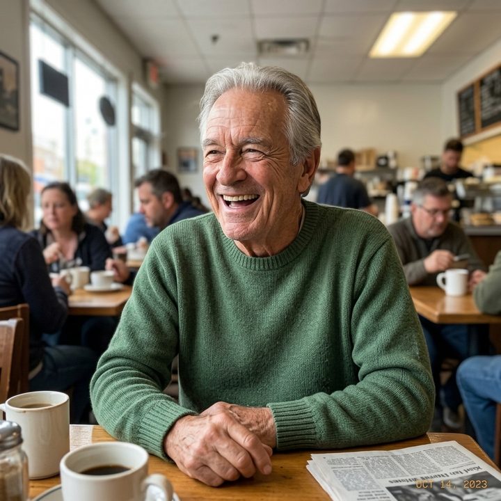 Illustrative image of a smiling older man in a cafe