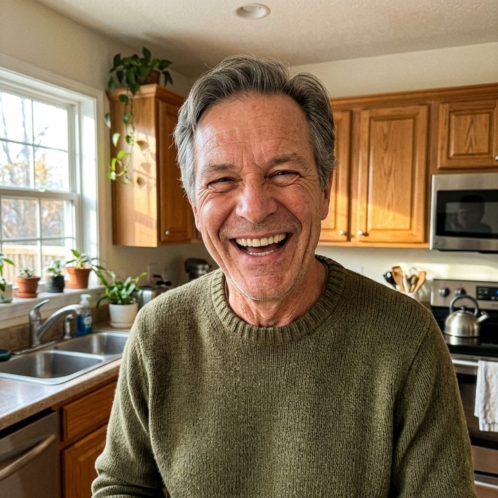 Illustrative image of a smiling mature man in a kitchen